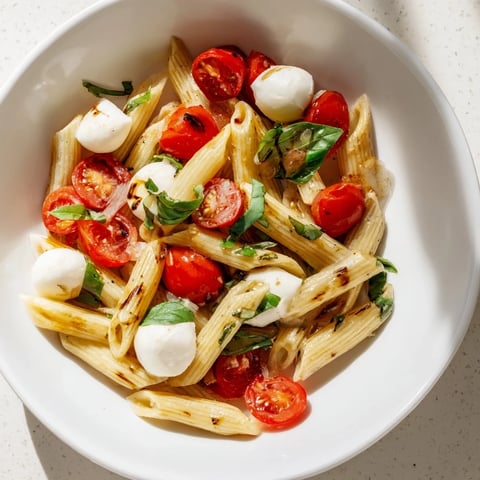 Caprese Pasta Salad, bursting with juicy tomatoes, creamy mozzarella, and a light balsamic dressing.