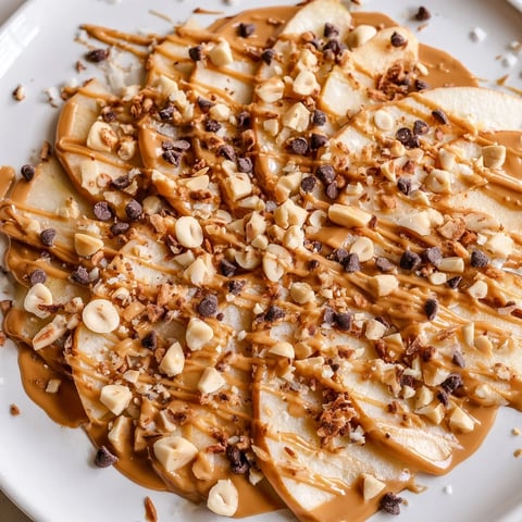 Peanut Butter Apple Nachos: Crispy apple slices generously drizzled with peanut butter and sweet honey, ready to eat.