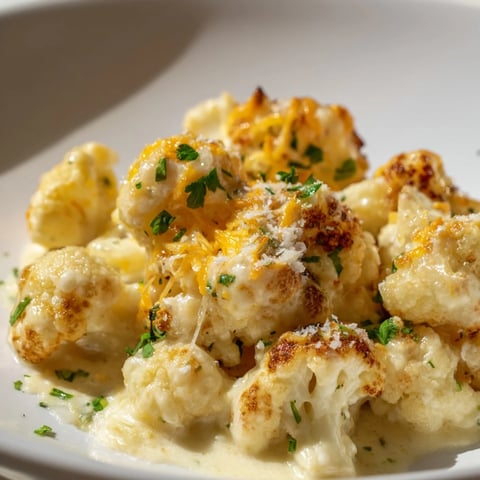 Golden, bubbly Cheesy Cauliflower Mac, a low-carb delight ready to be served hot and cheesy.