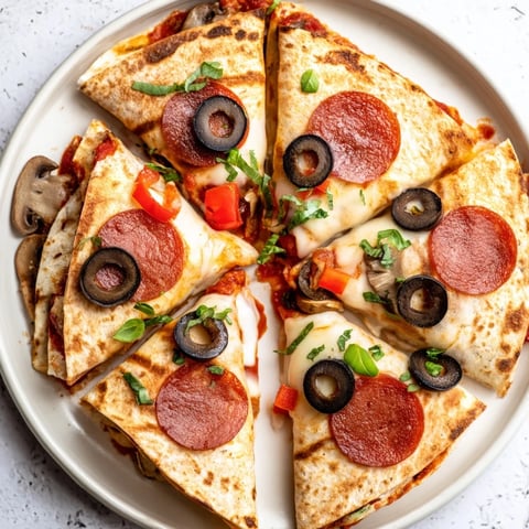 Golden-brown tortilla pizza wrap, filled with melted cheese and crispy pepperoni, ready to enjoy.