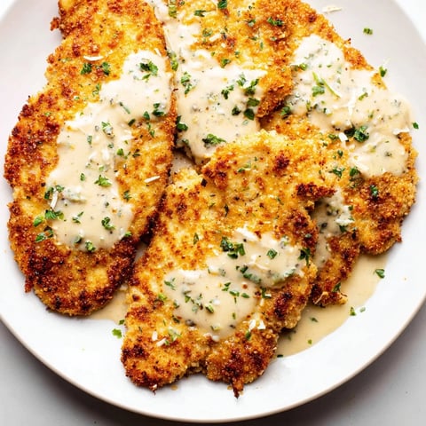 Golden-brown Crispy Chicken with Garlic Cream Sauce, rich and ready to eat, is a delightful dinner.