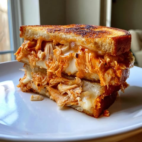 Golden, cheesy explosion: A close-up of a crispy Chili Crisp Honey Chicken Grilled Cheese sandwich.