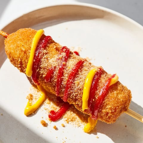 Golden-brown Cheesy Korean Corn Dogs, with a satisfying crunch, topped with sugar and drizzled ketchup.