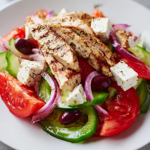 Fresh, vibrant Greek Salad with Grilled Chicken featuring juicy chicken and colorful vegetables.