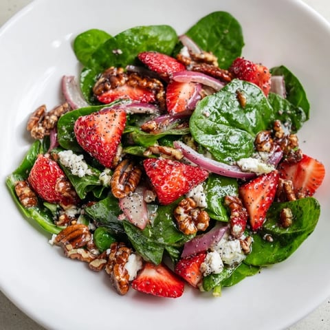 Strawberry Spinach Salad with vibrant red strawberries and crunchy candied pecans ready to serve.