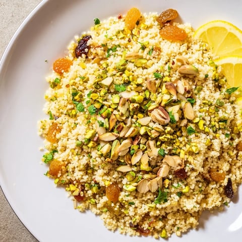Steaming bowl of Couscous Pilaf Spiced, with colorful dried fruits and toasted nuts, ready to serve.
