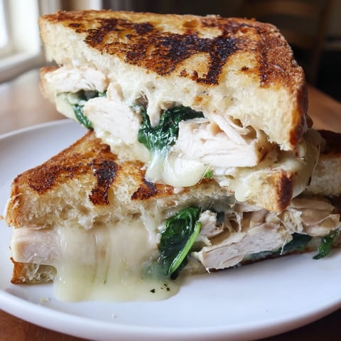 Golden-brown Grilled Chicken Spinach Panini oozing with melted mozzarella, layered with fresh spinach on crusty sourdough.