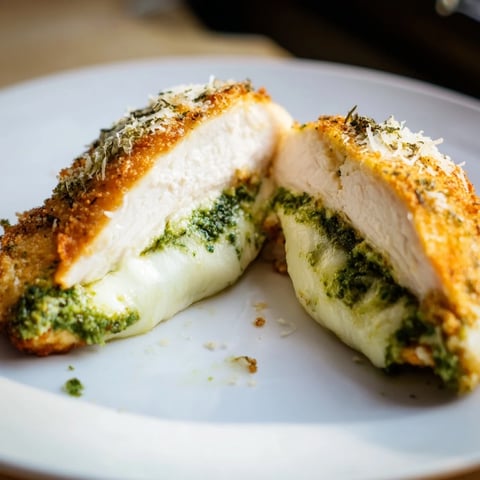 Golden-brown Mozzarella & Pesto Stuffed Chicken breasts rest in a ceramic baking dish, bubbling with melted cheese and vibrant green pesto.