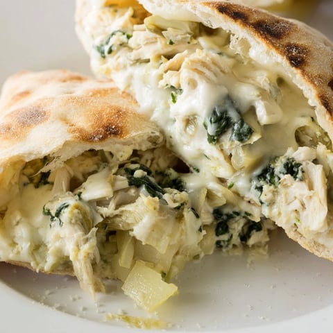 Golden-brown pita pockets stuffed with creamy spinach artichoke chicken, melted mozzarella, and herbs.