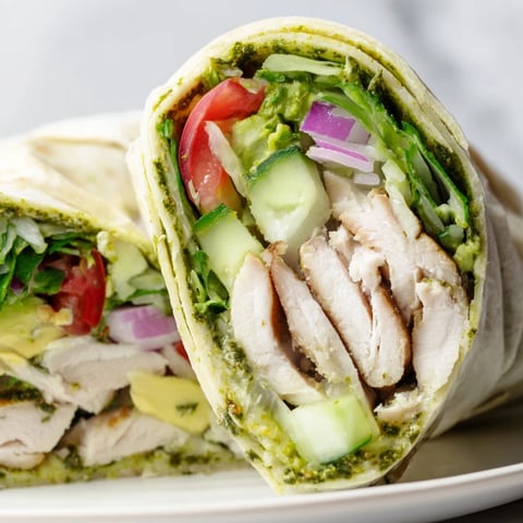 Freshly grilled chimichurri chicken slices rest in a soft flour wrap with greens, cucumber, and tomato.