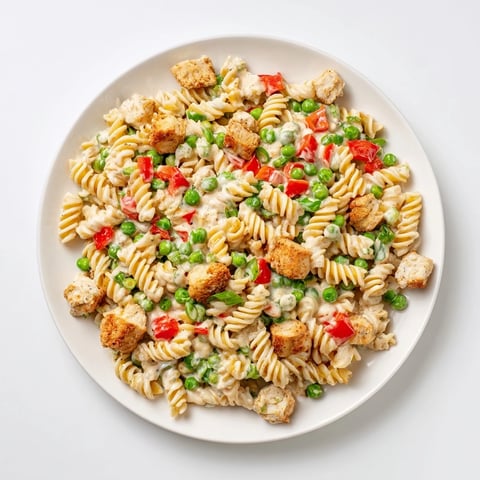 Golden crispy chicken bites rest atop vibrant rotini pasta, sweet peas, and diced red bell pepper in a creamy ranch dressing.  