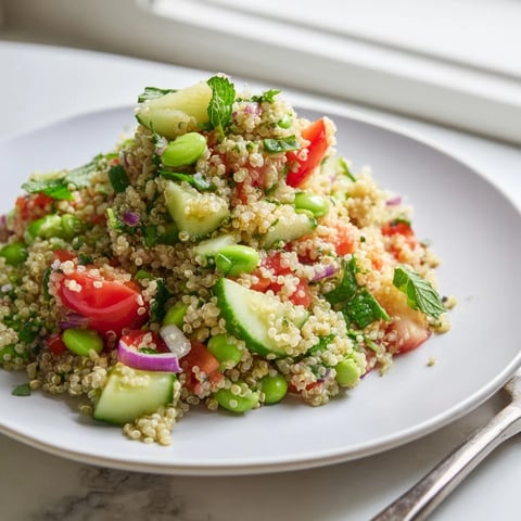 A vibrant bowl of Edamame and Quinoa Salad showcases tender green soybeans, fluffy grains, and diced red bell peppers glistening with citrus dressing.