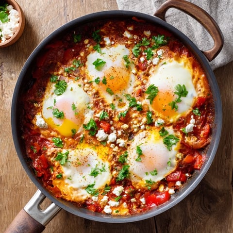 A close-up of Shakshuka in a skillet, showing poached eggs with runny yolks in vibrant red tomato and pepper sauce.