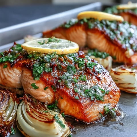 Golden-brown roasted leeks and red onions surround tender, flaky skin-on salmon fillets, garnished with fresh parsley dressing.