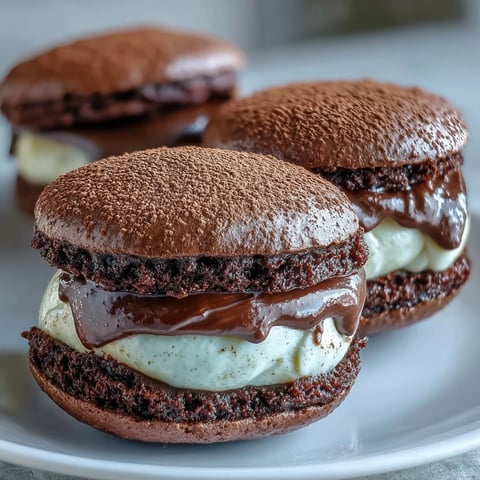 A pair of homemade Tiramisu Whoopie Pies with chocolate shells and creamy coffee mascarpone filling, dusted with cocoa powder.