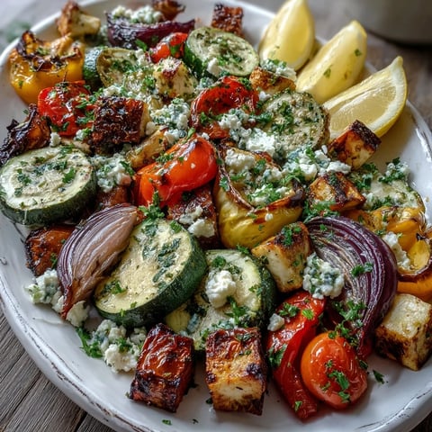 Roasted Mediterranean Greek Vegetables bubbling with golden eggplant, zucchini, and peppers, topped with crumbled feta and fresh parsley for a flavorful side.