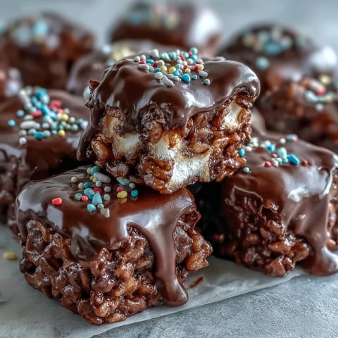 Close-up of Chocolate Covered Rice Krispy Treats stacked on a marble counter, showcasing the glossy chocolate coating and colorful sprinkles.
