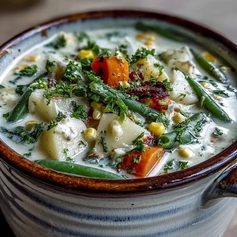 A warm bowl of Amish Snow Day Soup garnished with fresh parsley and a swirl of cream.