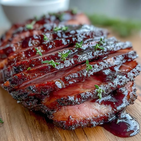 Vibrant Black Currant Glaze in a small white bowl, garnished with fresh thyme sprigs and a glossy spoon drip, perfect for glazing baked ham or roasted vegetables.