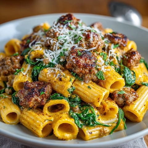 Golden-brown sausage and tender rigatoni mingle in creamy pumpkin sauce of this cozy, one-pot recipe.