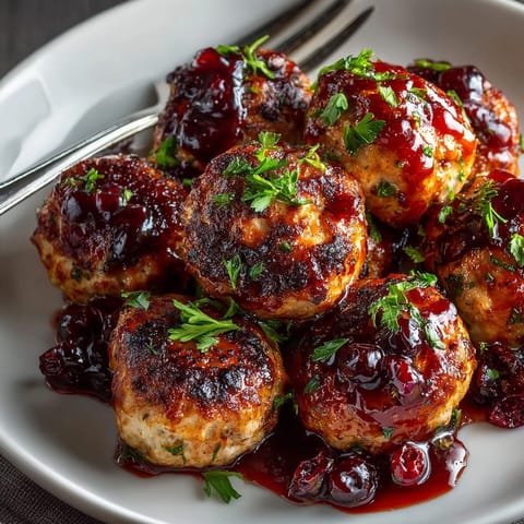 A close-up shot of Cherry-Cranberry BBQ Chicken Meatballs, with visible flecks of parsley and a shiny glaze.