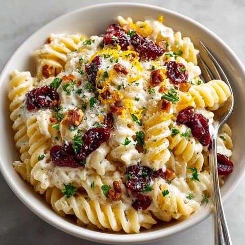A close-up view of creamy Thanksgiving Cranberry Cream Cheese Pasta, garnished with fresh parsley and fruit.