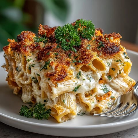 Warm, comforting image: a creamy Thanksgiving Sweet Potato Pasta Gratin filled with tender sweet potatoes.