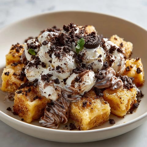 Delectable Chaos Cake Oreo Crumb Pasta Dessert featuring cake cubes and playful chocolate pasta topping.