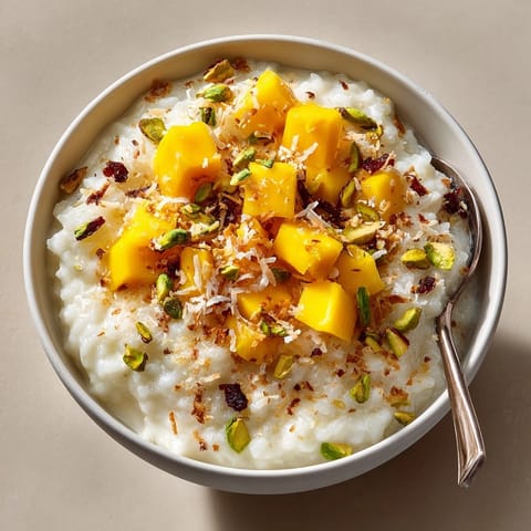 Warm bowl of coconut rice pudding, fragrant with vanilla and garnished with toasted coconut.