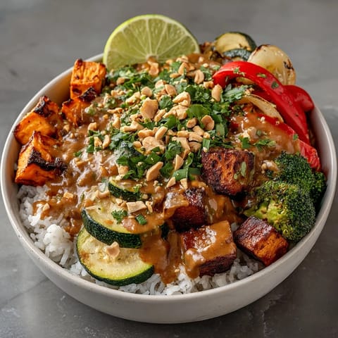 Gluten-free Thai Peanut Roasted Vegetable Bowl with roasted sweet potatoes and creamy peanut sauce.