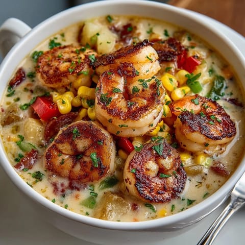 Bowl of Cajun shrimp corn chowder with golden corn, smoky spices, and fresh parsley sprinkled on top.