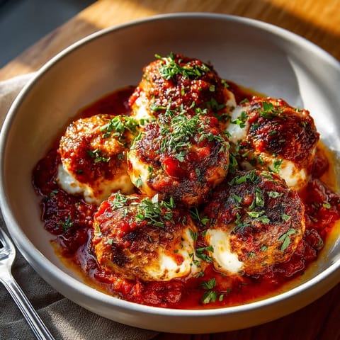 Close-up of Stuffed Cheese Turkey Meatballs cut open, gooey mozzarella filling melting onto plate.
