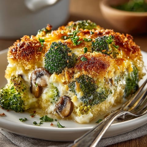 Close-up of creamy Cheesy Broccoli Casserole in a casserole dish, topped with buttery breadcrumbs.