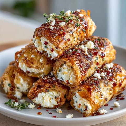 Golden, crispy Oven Fried Feta Rolls with Chili Honey, cheese oozing and honey drizzled on top.