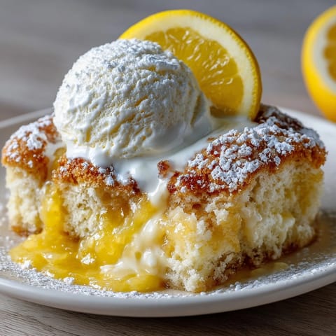 Magic Lemon Cobbler dessert served warm, topped with whipped cream and sliced lemons for zest.