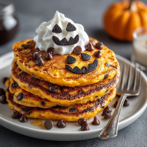 Warm, spiced gluten-free pumpkin pancakes, stacked high and ready for syrup—a comforting fall breakfast.