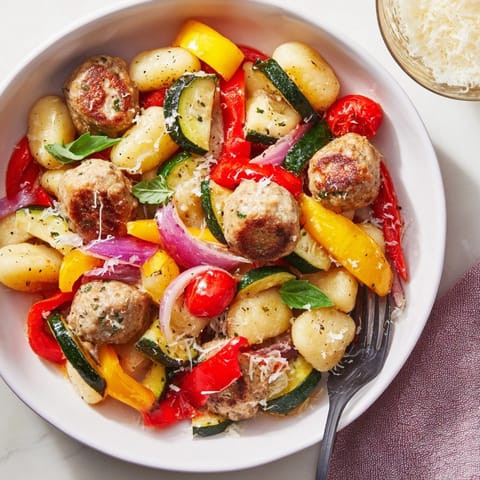 Close-up shows Sheet Pan Gnocchi with Chicken Meatballs: juicy, browned, and ready to serve.
