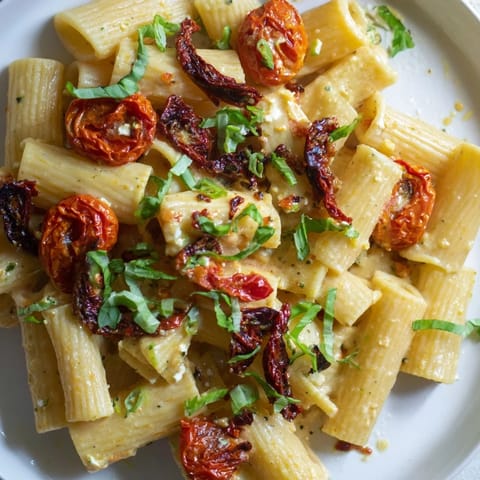 Delicious baked feta pasta bursting with cherry tomatoes and rich Mediterranean flavors.  