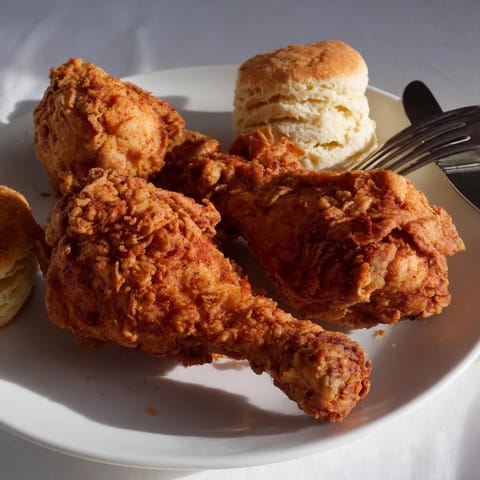 Juicy fried chicken garnished with homemade buttermilk biscuits, a Southern food classic.  