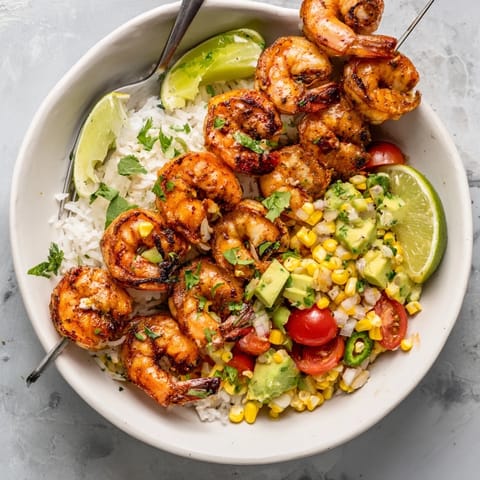 Juicy grilled shrimp and creamy avocado corn salsa over warm fluffy rice.  