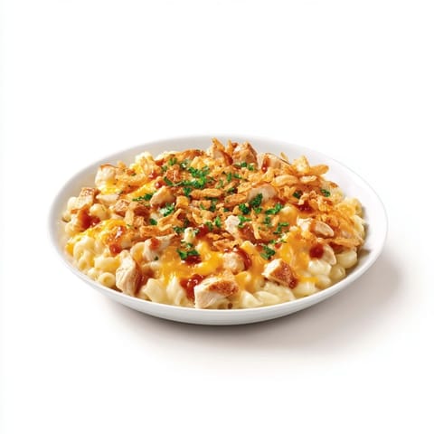 A close-up of One-Pot Honey BBQ Chicken Mac and Cheese shows melted cheese and tender chicken in every bite.