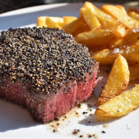 Imagine the aroma: Juicy Classic Peppercorn Ribeye with crispy fries, ready to be enjoyed with flavorful peppercorn sauce.