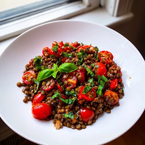 Vibrant Lentil-Tomato Skillet displays juicy tomatoes, tender lentils, and fresh herbs, a Mediterranean delight.