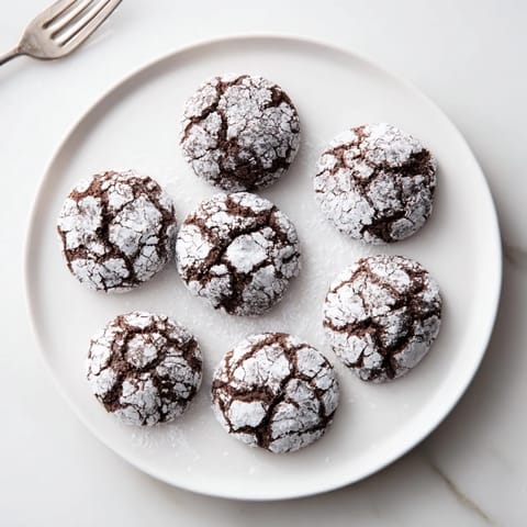 Warm, freshly baked chocolate crinkle cookies, crackled with powdered sugar, ready for dessert.
