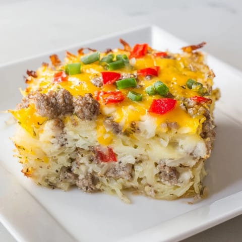 Golden-brown Quick Christmas Morning Hash Brown Bake, bubbling with melted cheese and savory sausage, ready to serve.