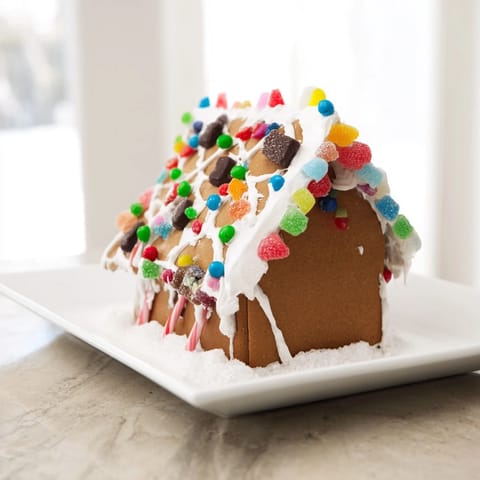 This homemade gingerbread house shows off colorful candies and snowy icing, perfectly capturing the holiday spirit.