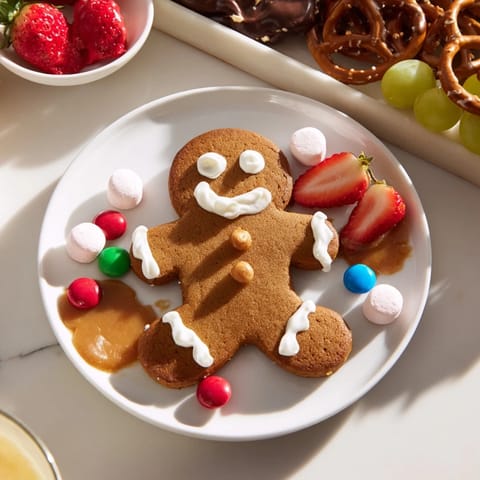 Golden-brown gingerbread men cookies surrounded by colorful candies and a sweet dip on this festive board.