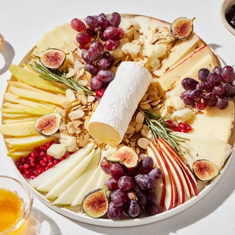A beautiful Star of Bethlehem cheese platter arranged with colorful fruits and gourmet treats for serving.