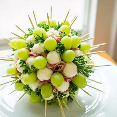 Festive Mistletoe Kissing Ball appetizer with colorful prosciutto and herbs, ready for a holiday spread.