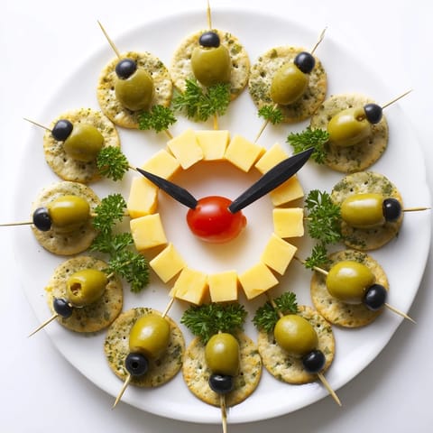 Delicious New Years Clock Countdown party platter: a festive food clock with olives and cheese, ready to eat.
